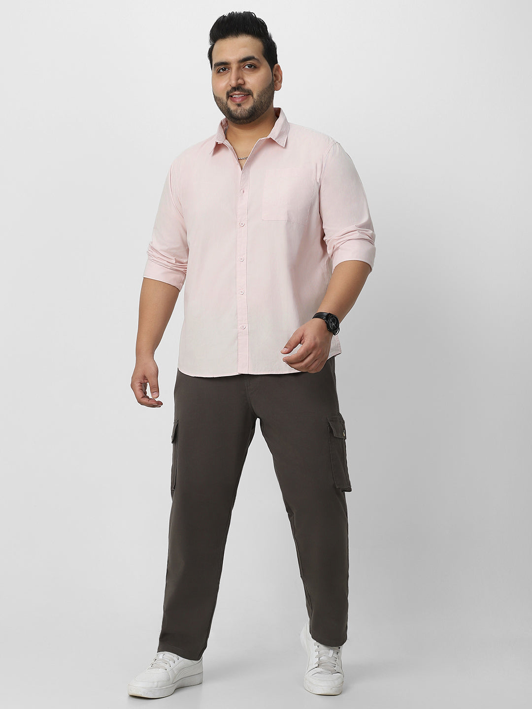 Plus Men's Baby Pink Cotton Full Sleeve Regular Fit Casual Solid Shirt