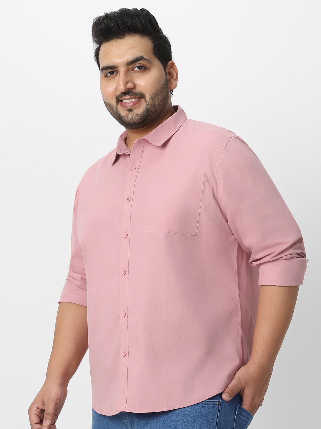 Plus Men's Pink Cotton Full Sleeve Regular Fit Casual Solid Shirt