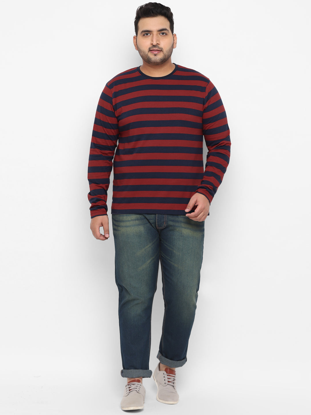 Plus Men's Red, Navy Blue Striped Regular Fit Full Sleeve Cotton T-Shirt