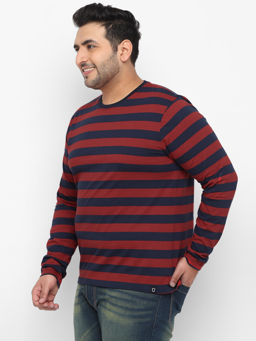 Plus Men's Red, Navy Blue Striped Regular Fit Full Sleeve Cotton T-Shirt