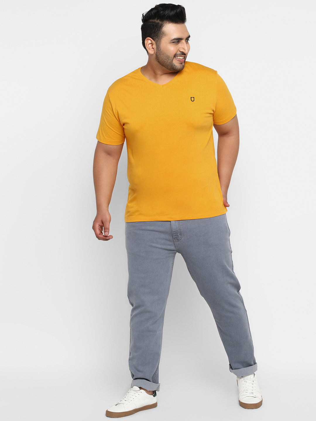 Plus Men's Yellow Printed Full Sleeve Regular Fit Cotton T-Shirt