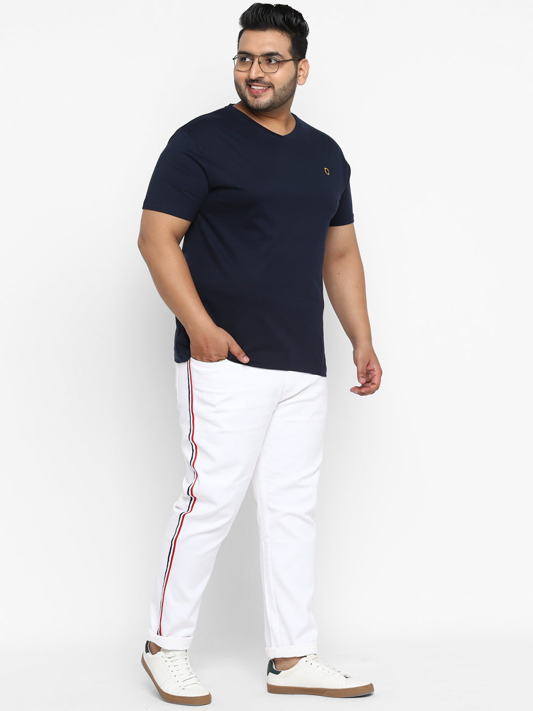 Plus Men's Navy Printed Full Sleeve Regular Fit Cotton T-Shirt