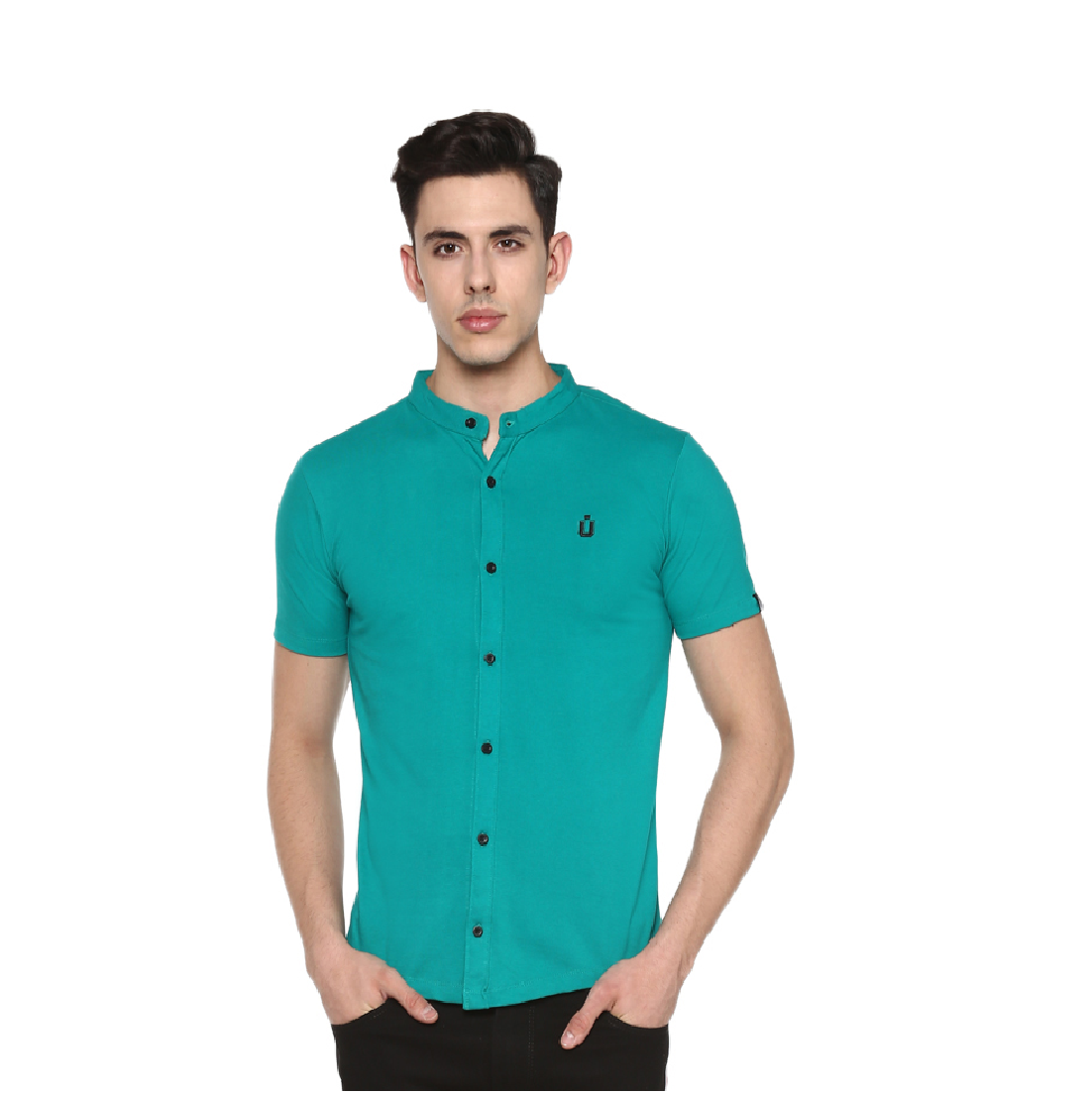 Men Teal Green Slim Fit Solid Casual Shirt