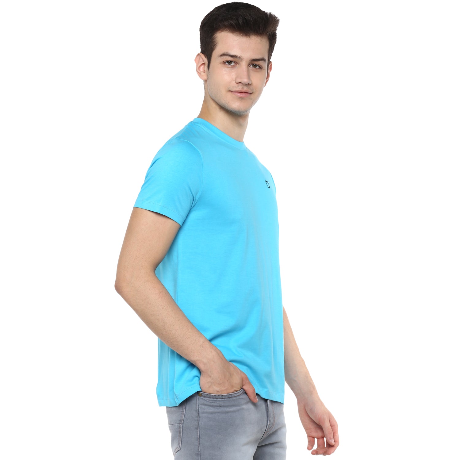 Men's Light Blue Solid Slim Fit Round Neck Cotton T-Shirt