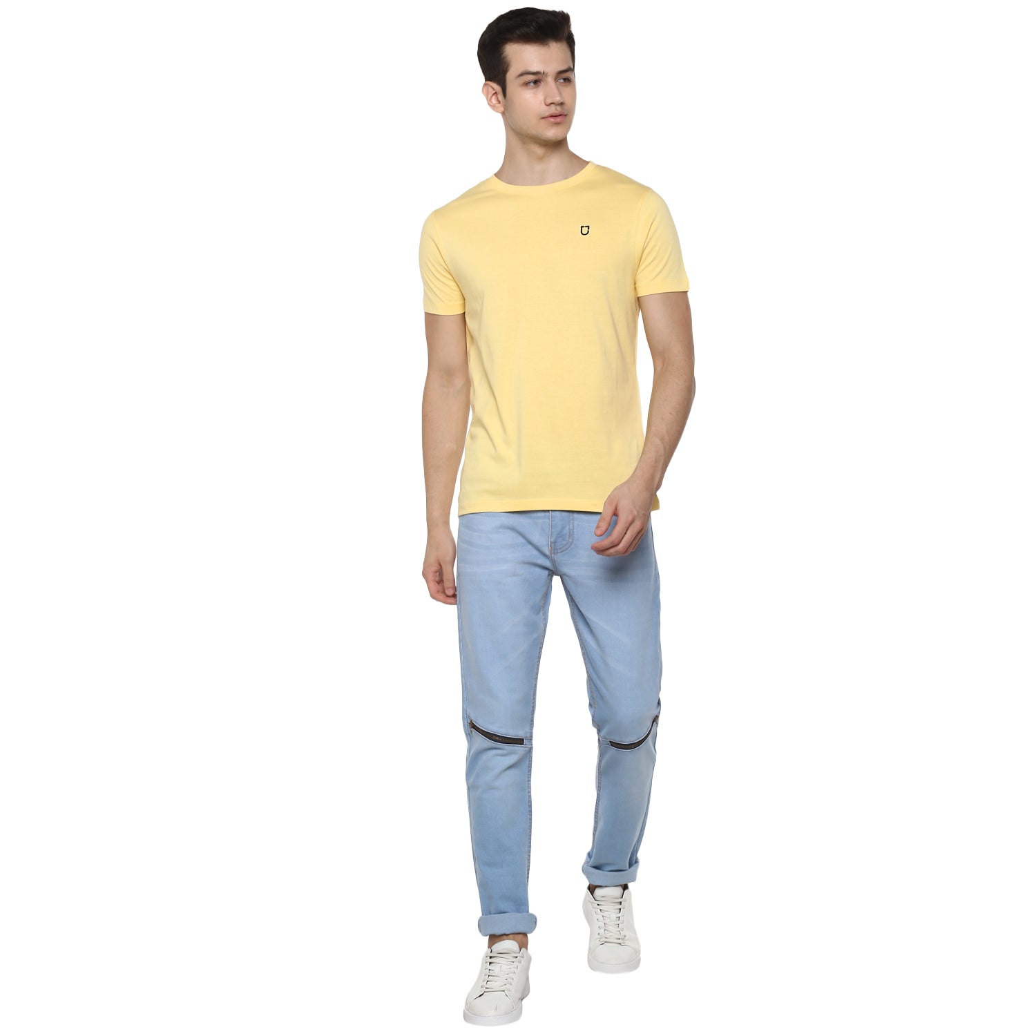 Men's Lemon Yellow Solid Slim Fit Round Neck Cotton T-Shirt