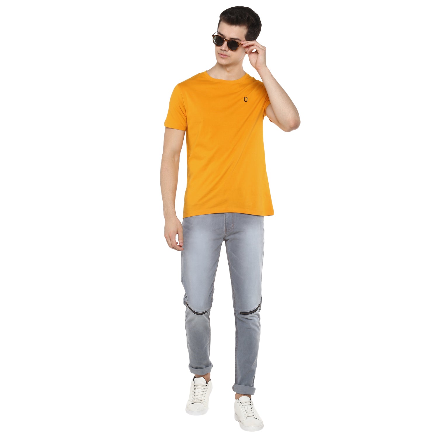 Men's Mustard Solid Slim Fit Round Neck Cotton T-Shirt