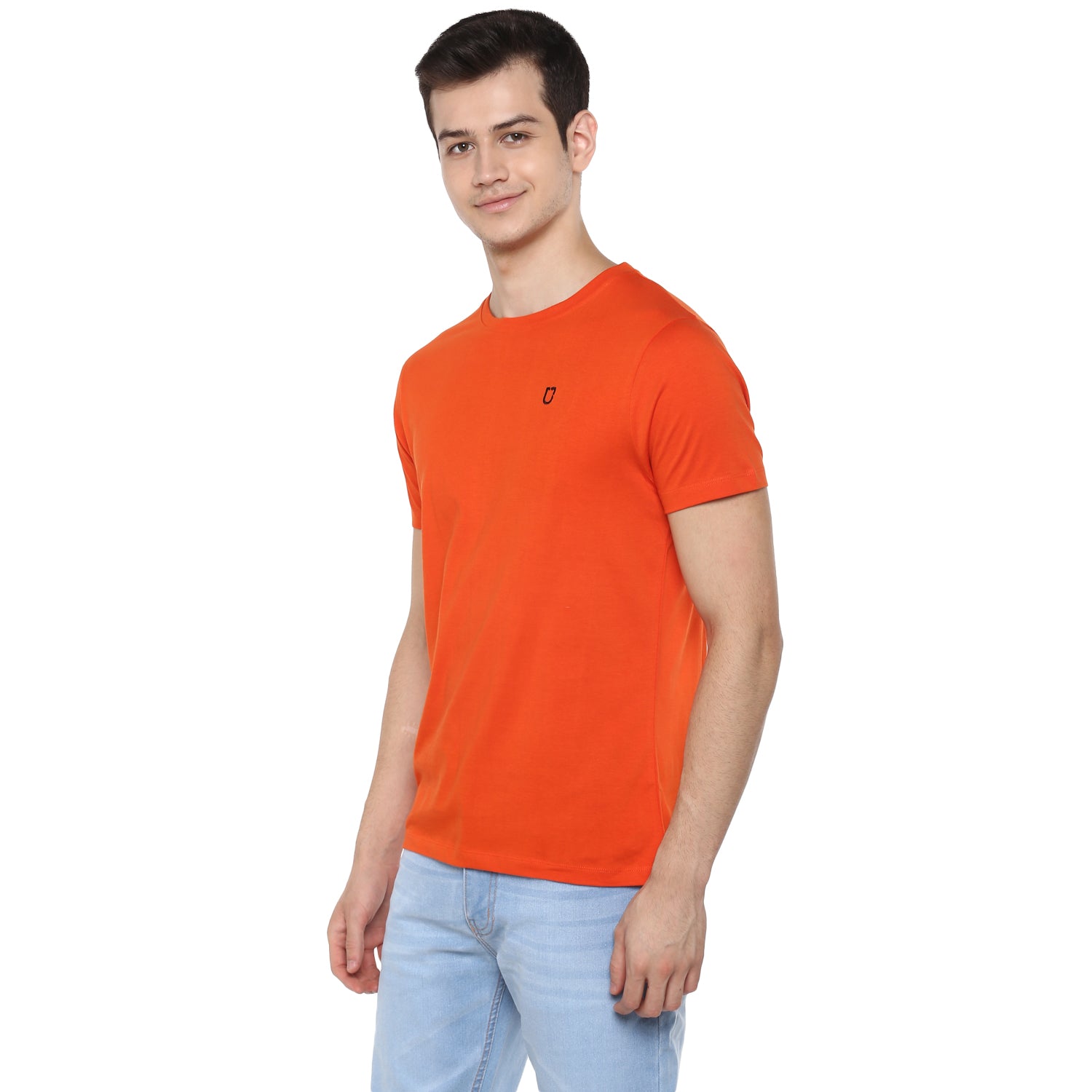 Men's Orange Solid Slim Fit Round Neck Cotton T-Shirt