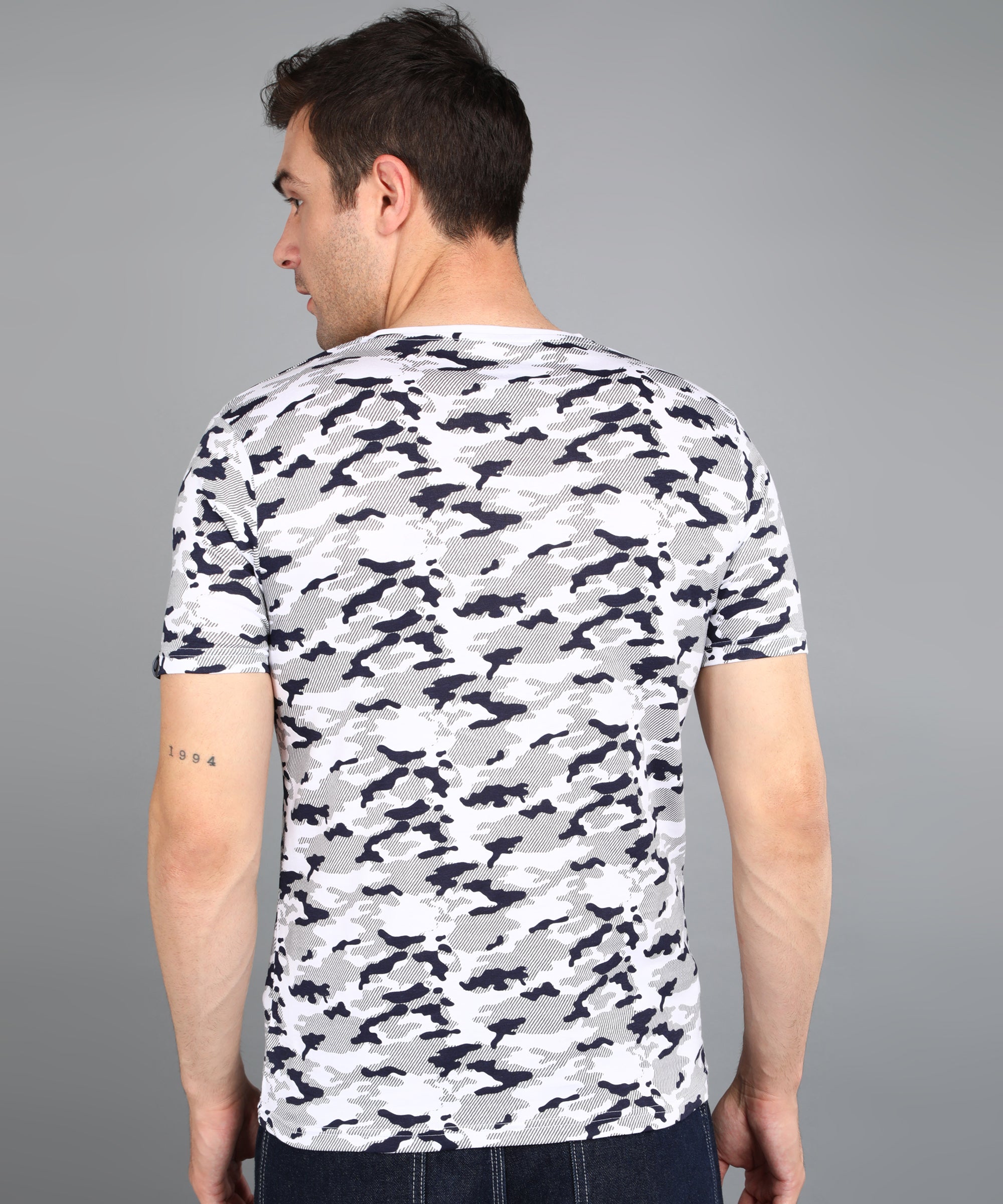 Urbano Fashion Men's White Military Camouflage Printed Slim Fit Half Sleeve Cotton T-Shirt