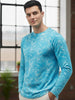 Men's Aqua Blue Printed Full Sleeve Slim Fit Cotton T-Shirt
