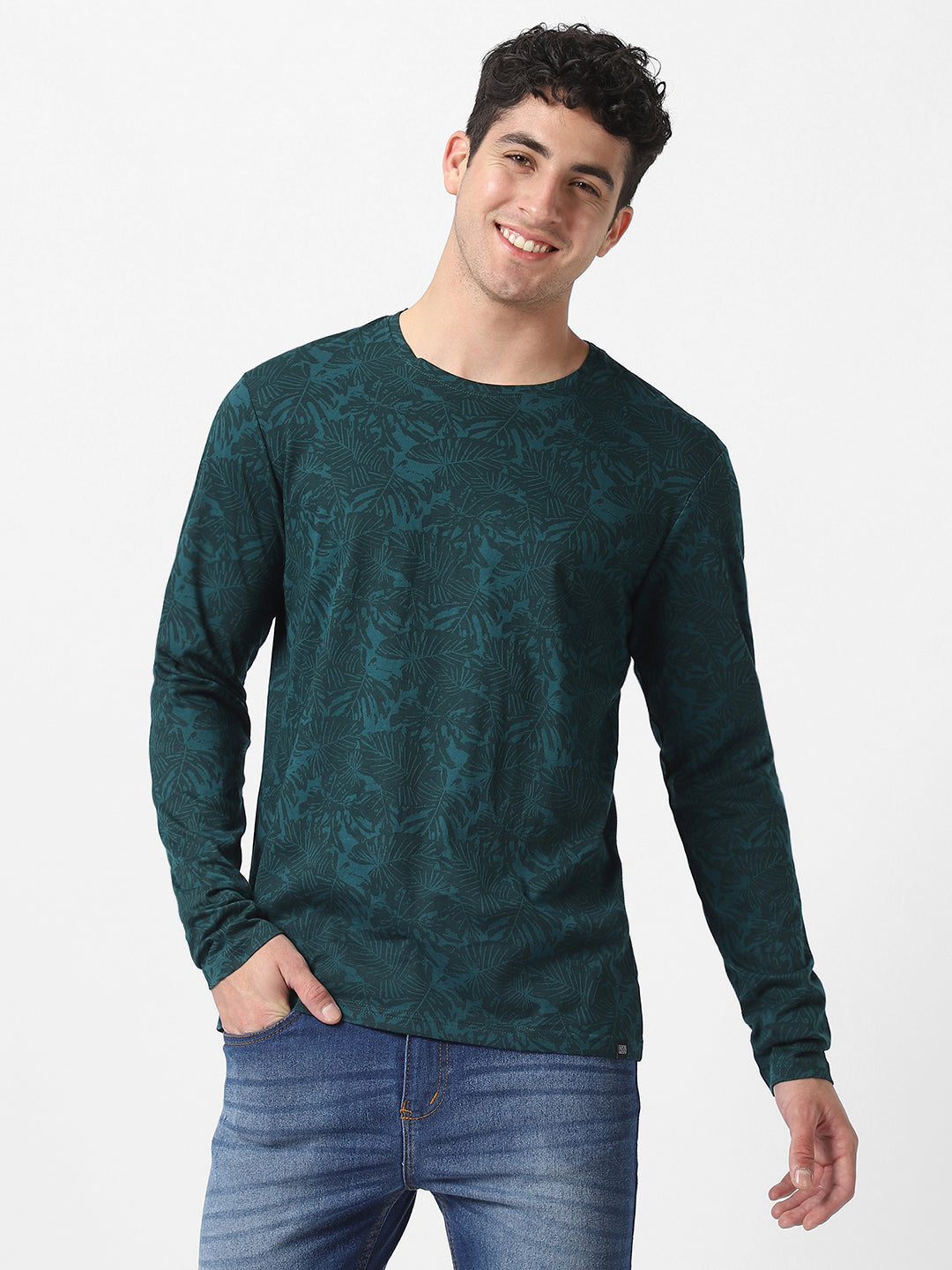 Men's Slim Fit Dark Green Printed Full Sleeve T-Shirt