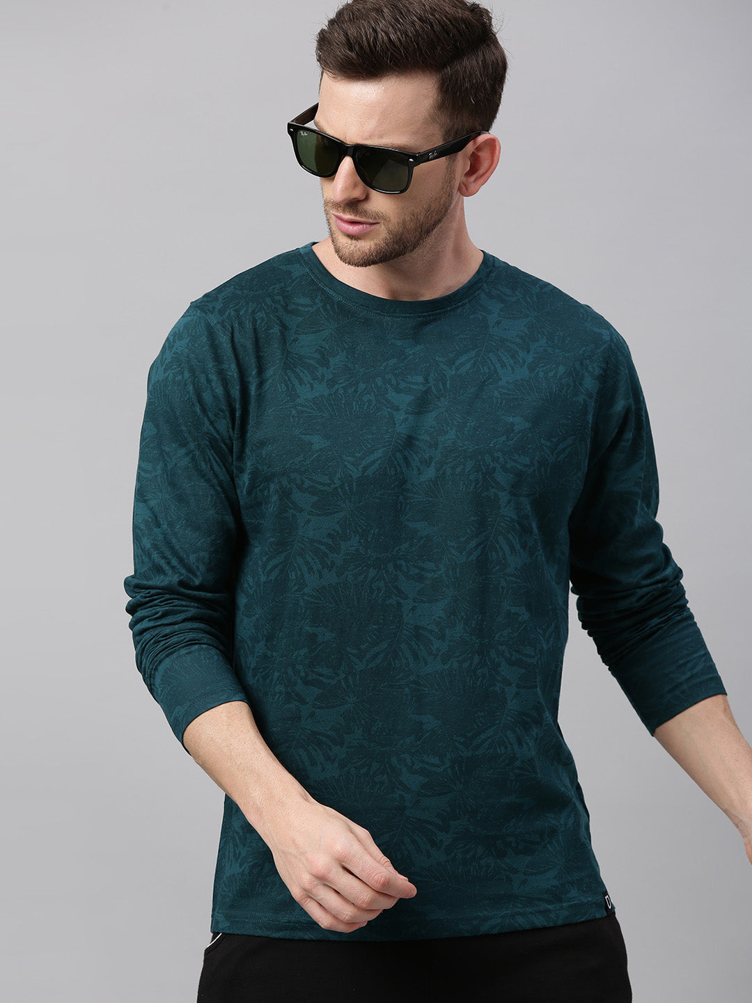 Men's Dark Green Printed Full Sleeve Slim Fit T-Shirt