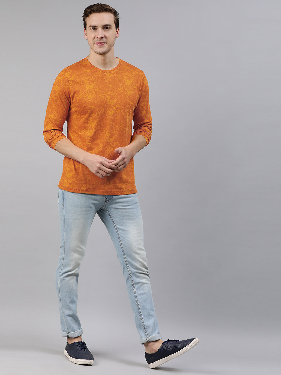 Men's Mustard Printed Full Sleeve Slim Fit Cotton T-Shirt
