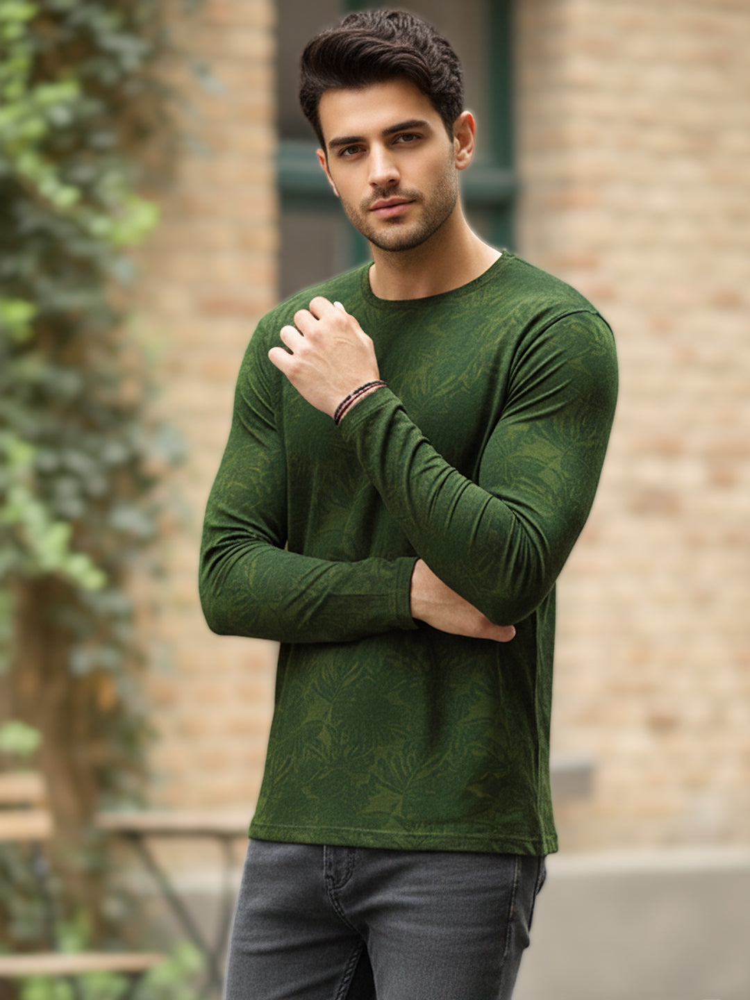 Men's Olive Green Printed Full Sleeve Slim Fit Cotton T-Shirt