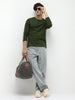 Men's Olive Green Printed Full Sleeve Slim Fit Cotton T-Shirt