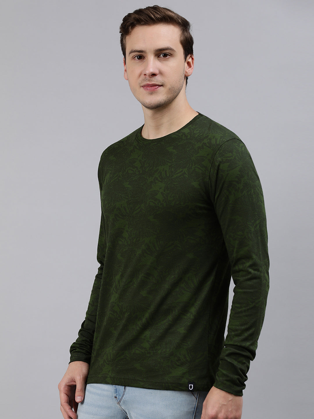 Men's Olive Green Printed Full Sleeve Slim Fit Cotton T-Shirt