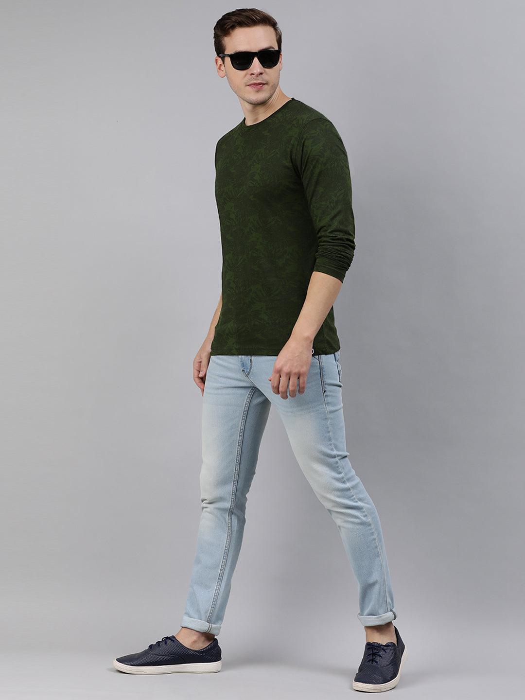 Urbano Fashion Men's Olive Green Printed Full Sleeve Slim Fit Cotton T-Shirt