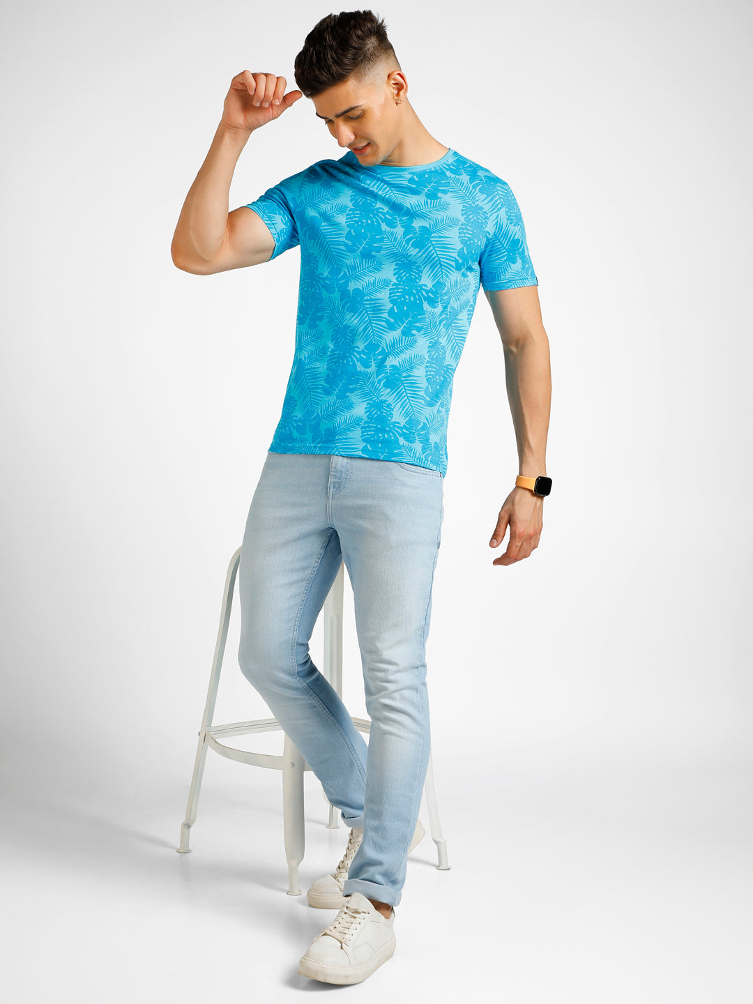 Urbano Fashion Men's Sky Blue Printed Round Neck Half Sleeve Slim Fit Cotton T-Shirt