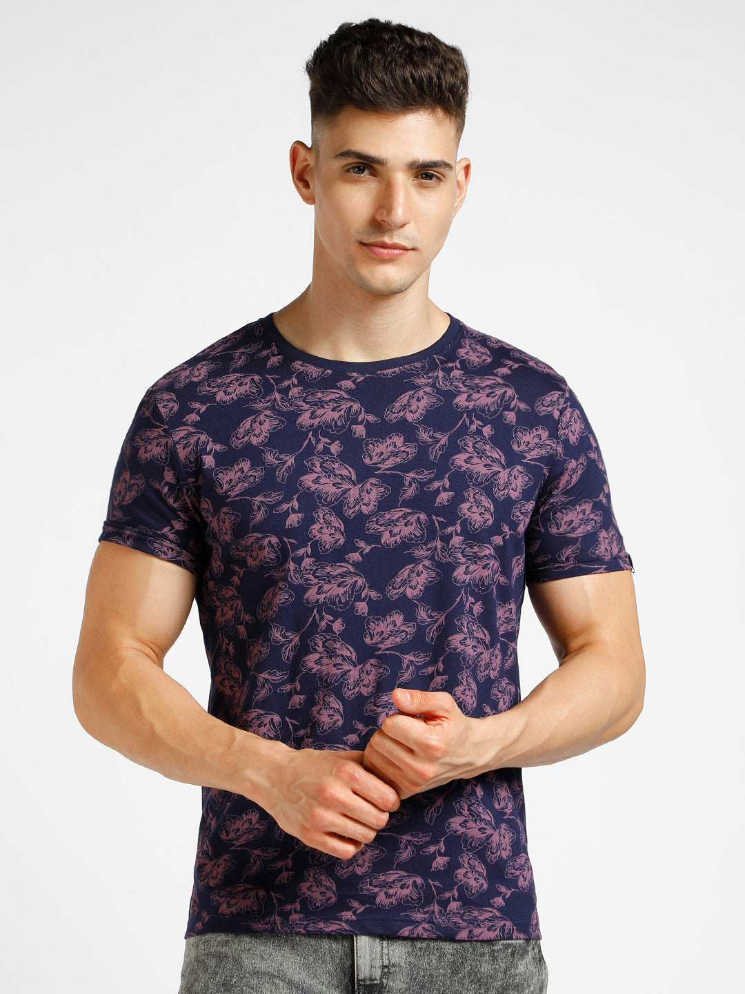 Urbano Fashion Men's Dark Blue Printed Round Neck Half Sleeve Slim Fit Cotton T-Shirt