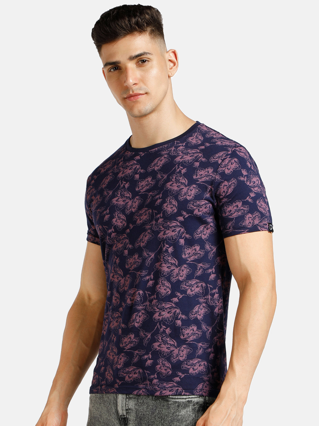 Urbano Fashion Men's Dark Blue Printed Round Neck Half Sleeve Slim Fit Cotton T-Shirt