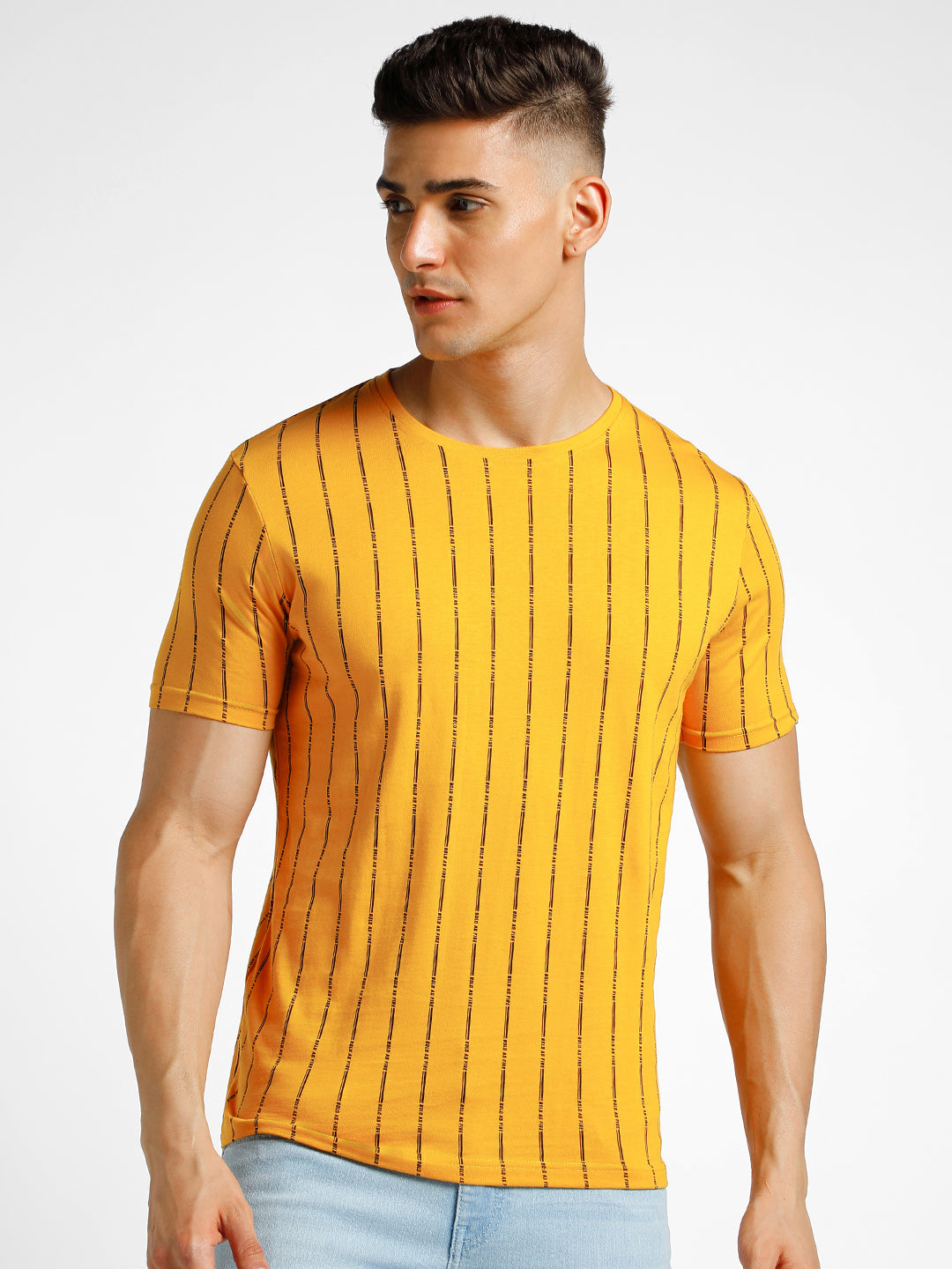 Urbano Fashion Men's Yellow Printed Round Neck Half Sleeve Slim Fit Cotton T-Shirt