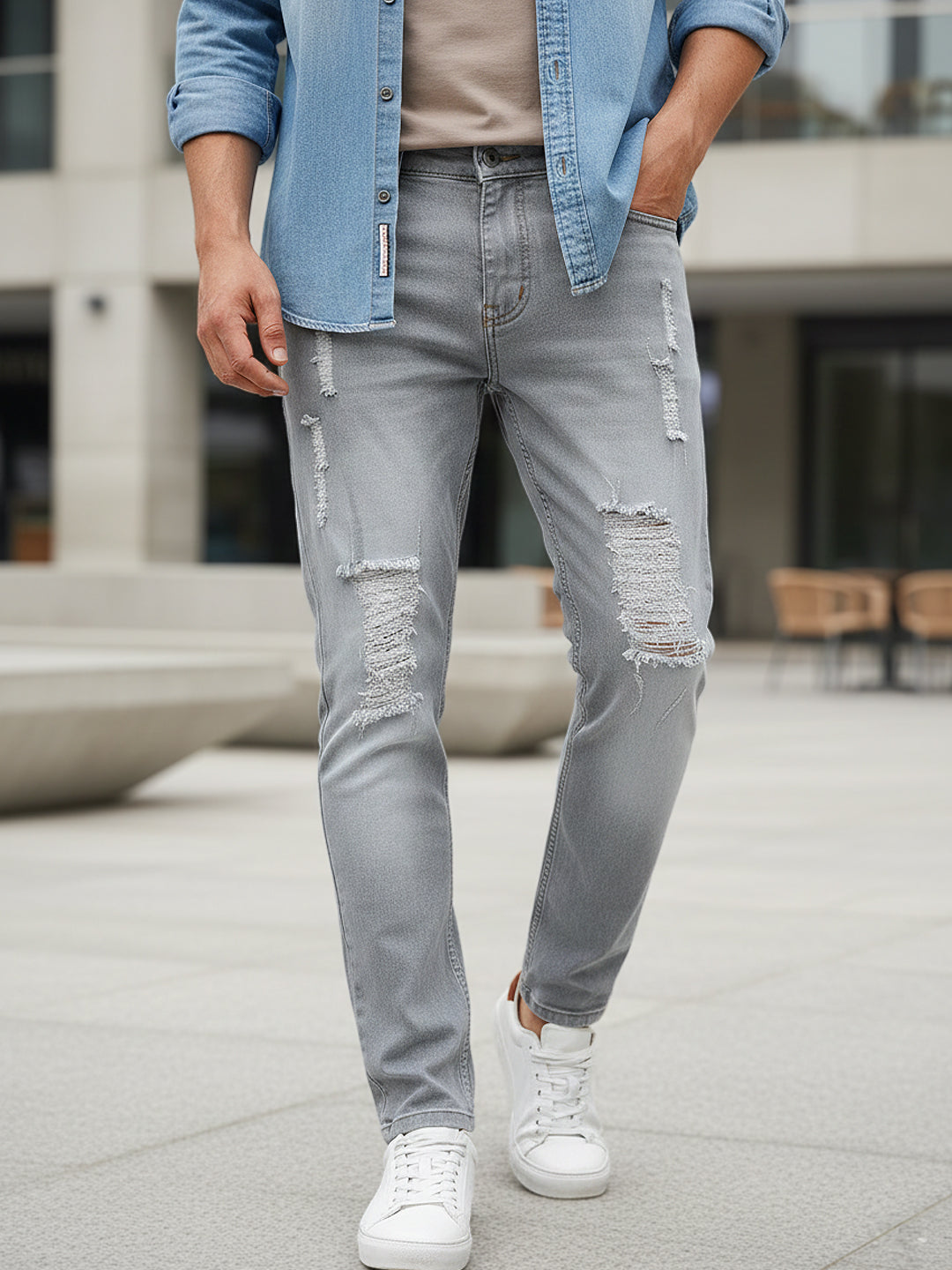 Men's Light Grey Slim Fit Heavy Distressed/Torn Jeans