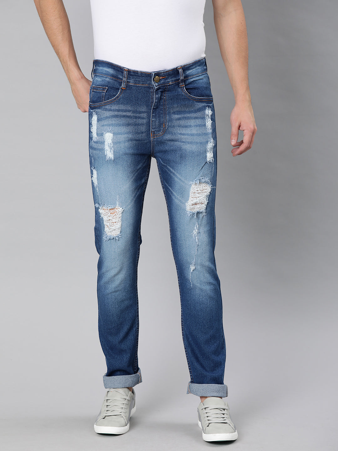 Urbano Fashion Men's Blue Slim Fit Heavy Distressed/Torn Jeans