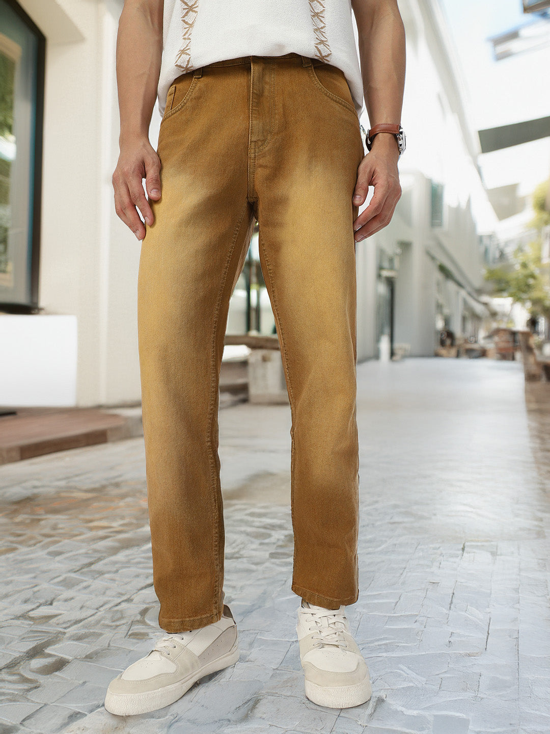 Men's Khaki Regular Fit Washed Jeans Stretchable