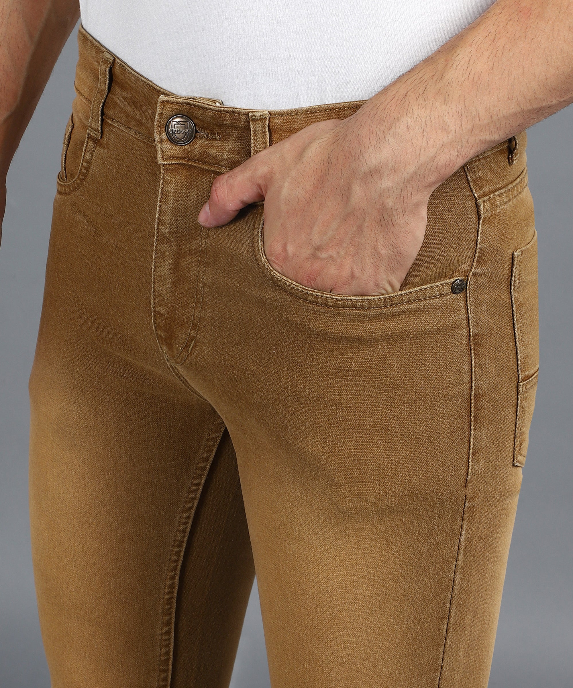 Urbano Fashion Men's Khaki Regular Fit Washed Jeans Stretchable