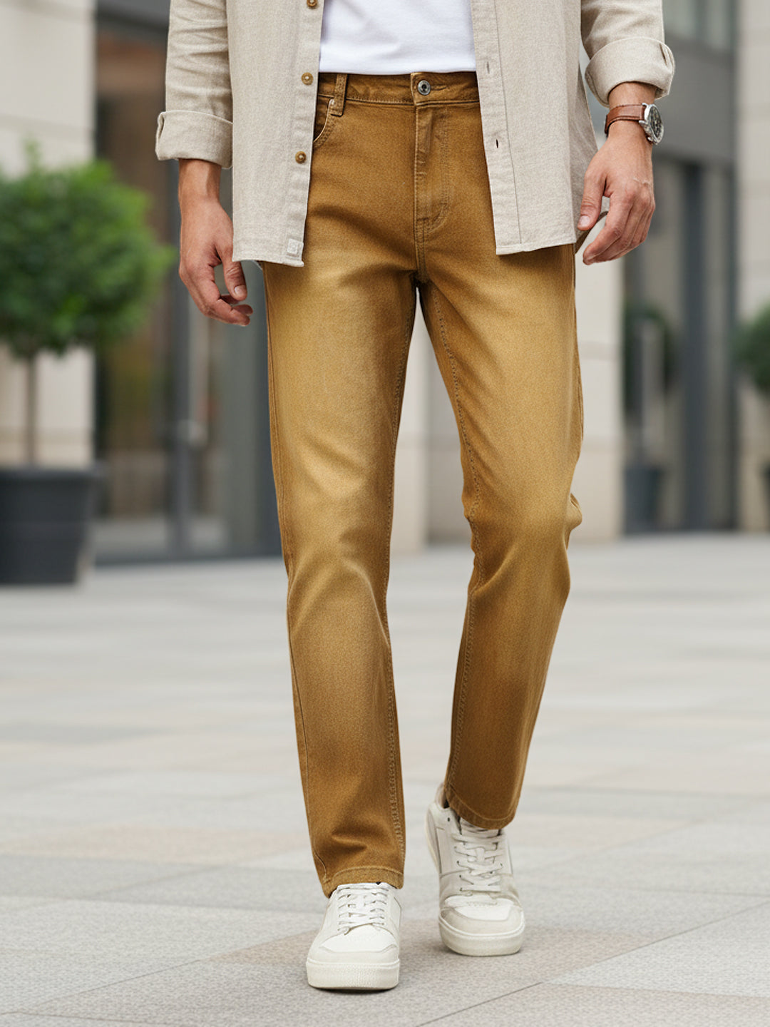 Men's Khaki Regular Fit Washed Jeans Stretchable