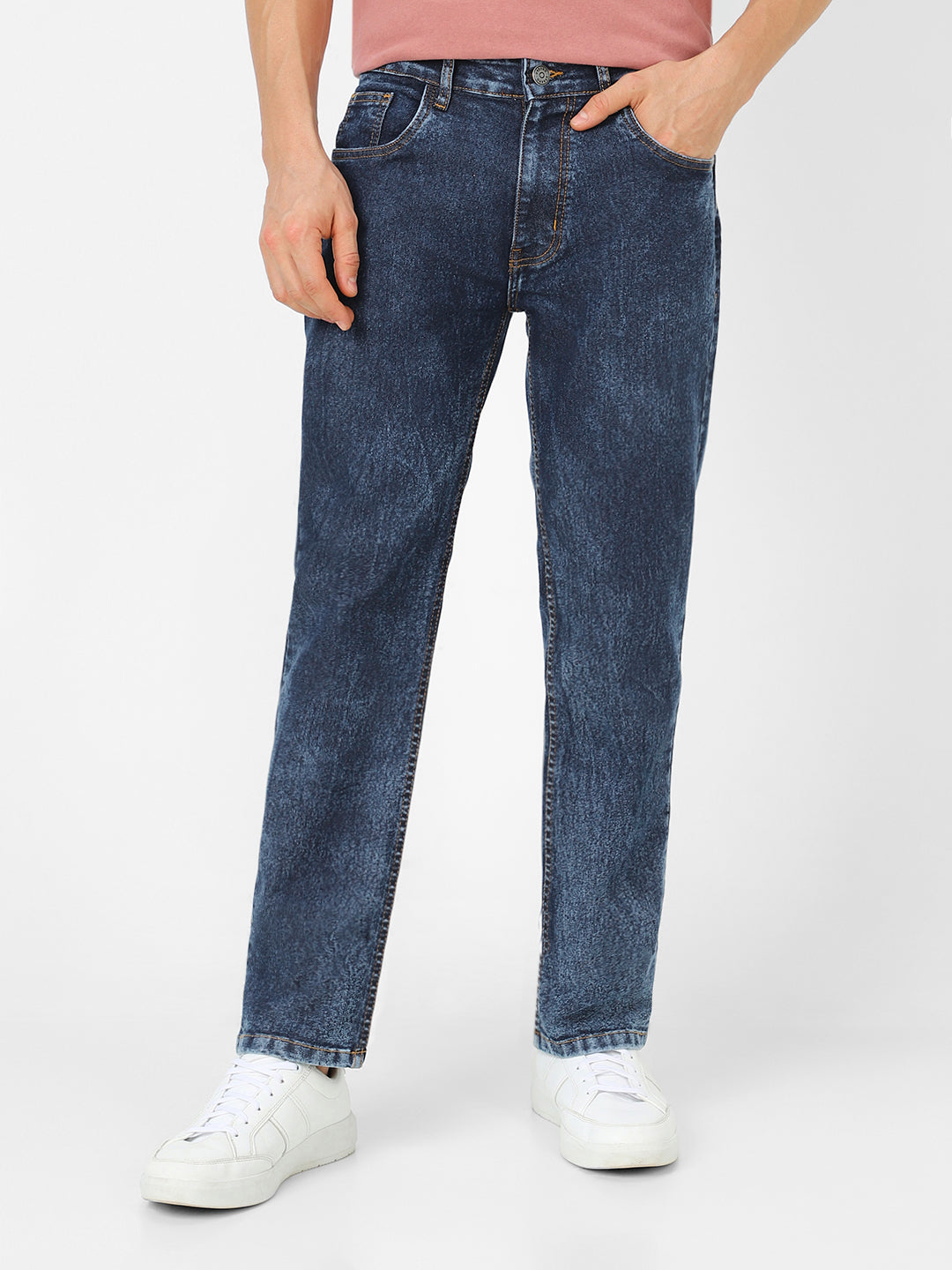 Men's Dark Blue Regular Fit Washed Jeans Stretchable