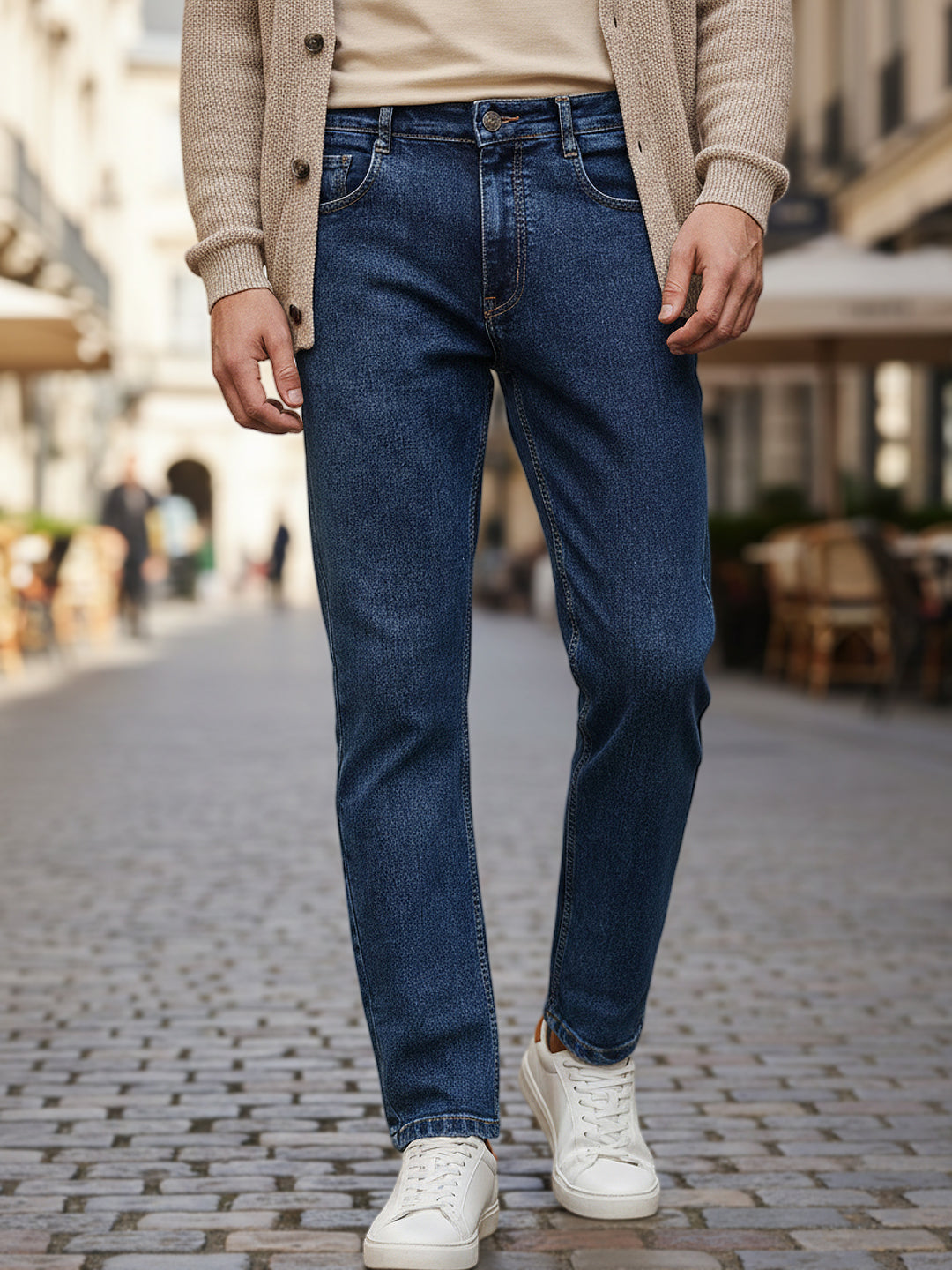 Men's Dark Blue Regular Fit Washed Jeans Stretchable