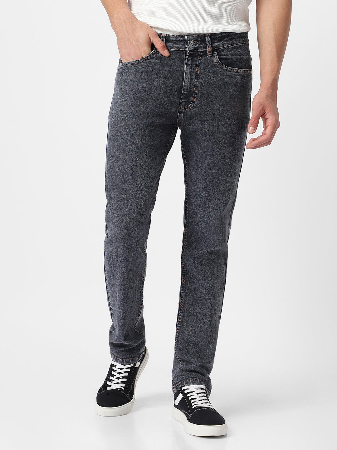 Men's Dark Grey Regular Fit Washed Jeans Stretchable
