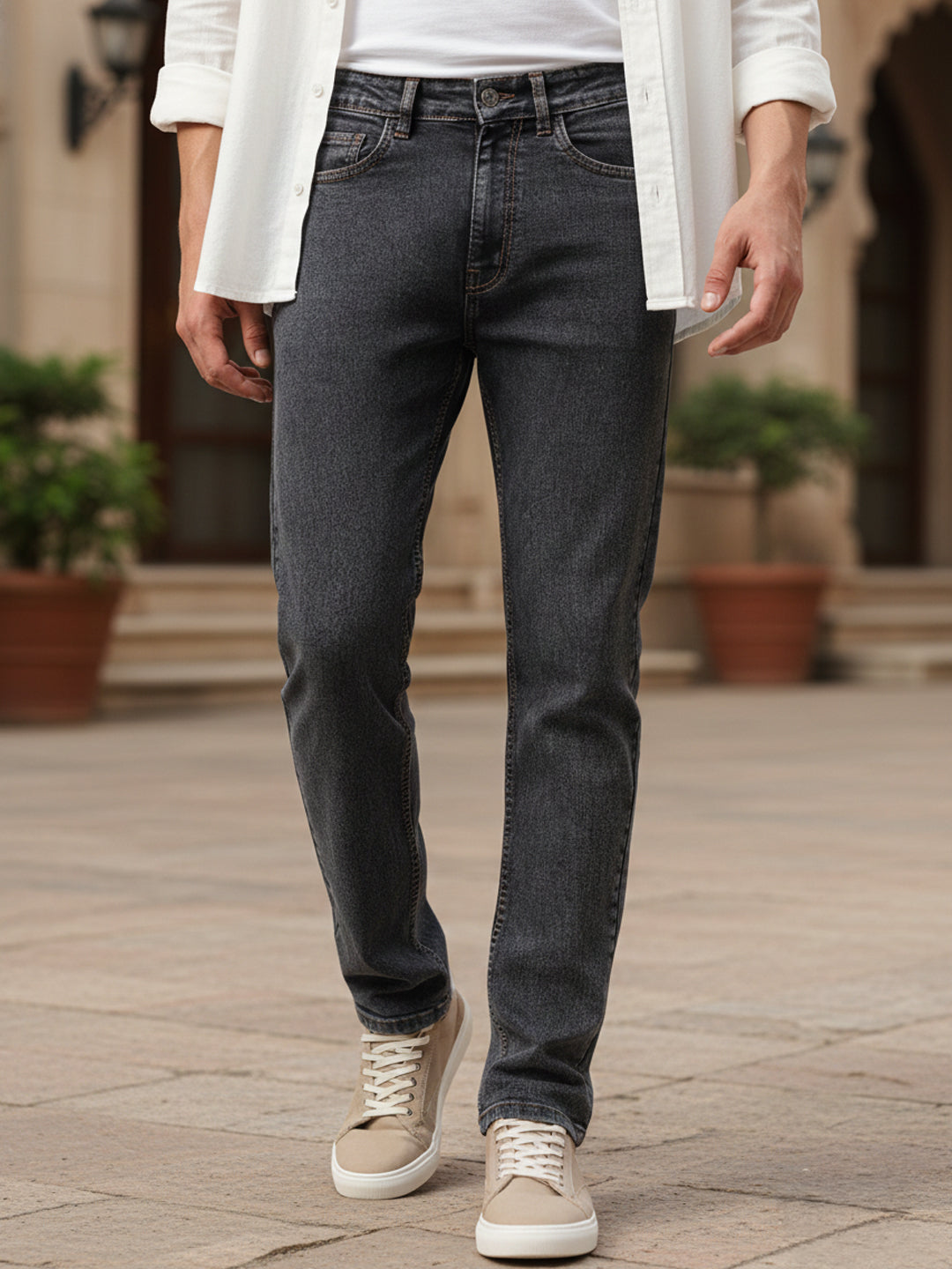 Men's Dark Grey Regular Fit Washed Jeans Stretchable