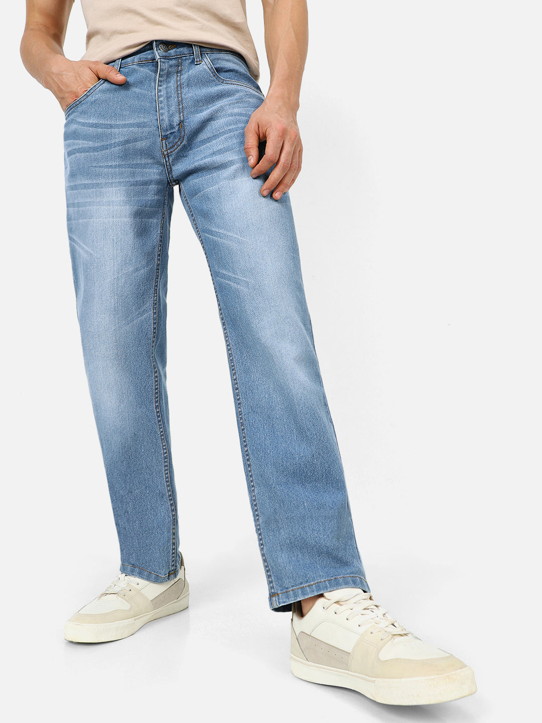 Men's Light Blue Regular Fit Washed Jeans Stretchable