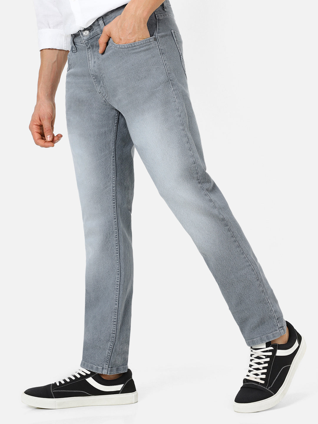 Men's Light Grey Regular Fit Washed Jeans Stretchable