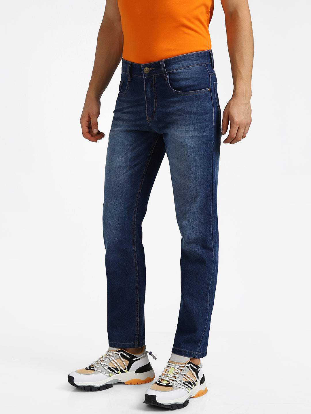Men's Mild Blue Regular Fit Washed Jeans Stretchable