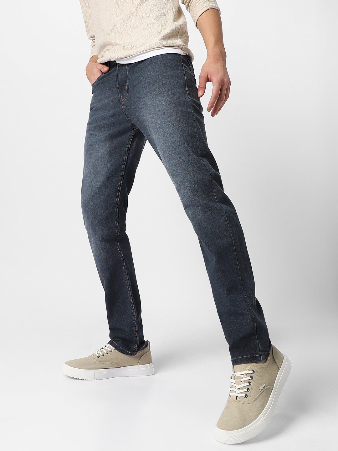 Men's Grey Regular Fit Washed Jeans Stretchable