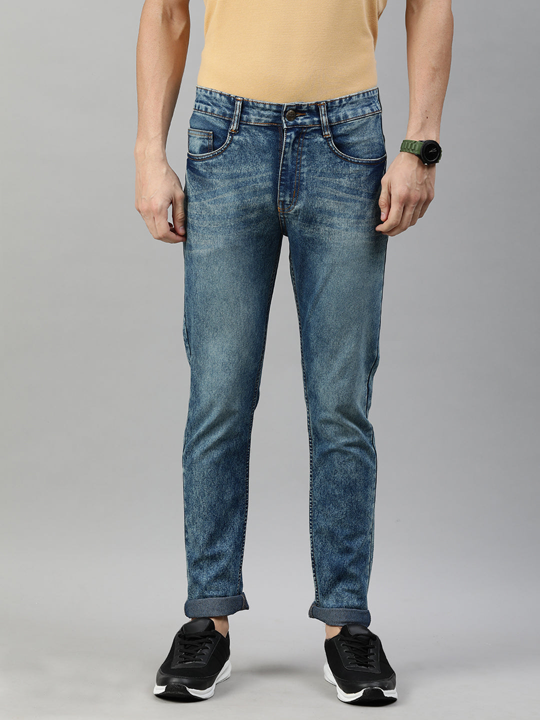 Men's Blue Slim Fit Whisker Washed Jeans Stretchable