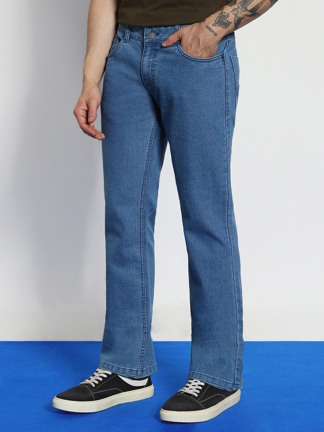 Men's Light Blue Washed Bootcut Jeans Stretchable