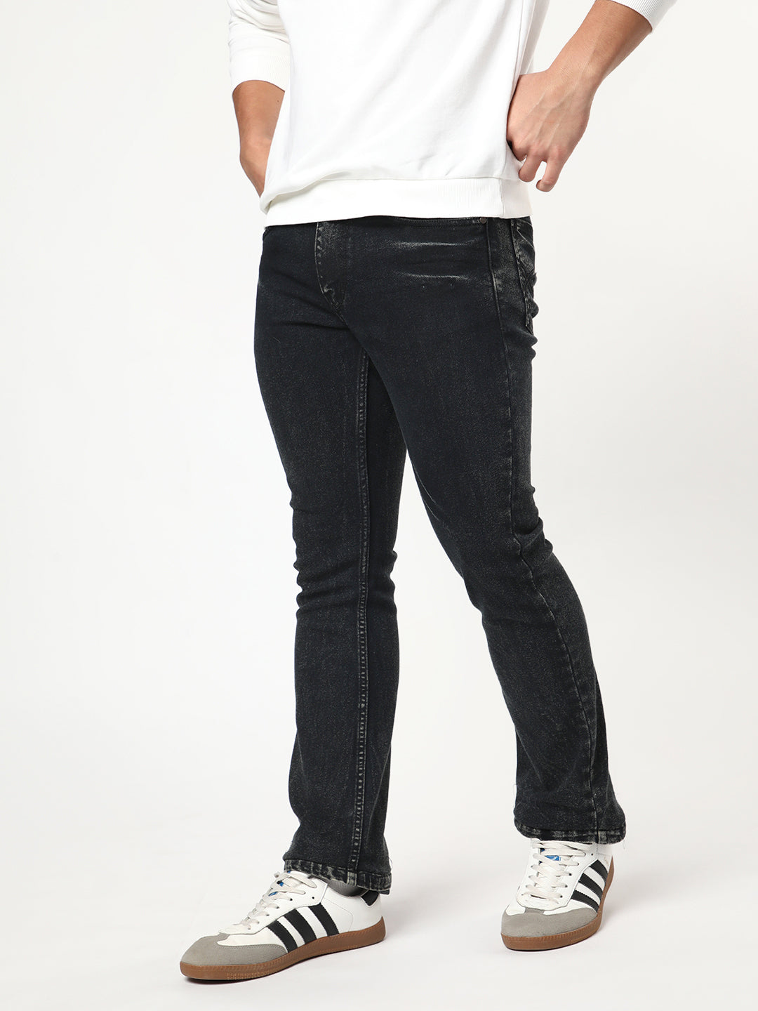 Men's Black Bootcut Fit Mid Rise Acid Wash Jeans Stretchable