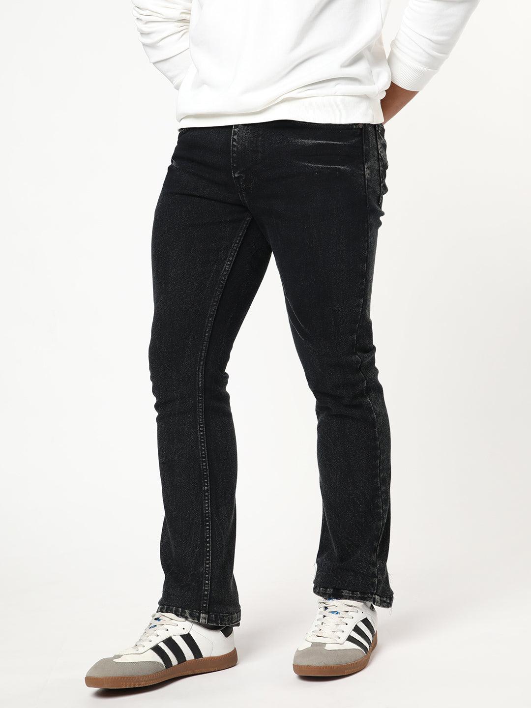 Men's Black Bootcut Fit Mid Rise Acid Wash Jeans Stretchable