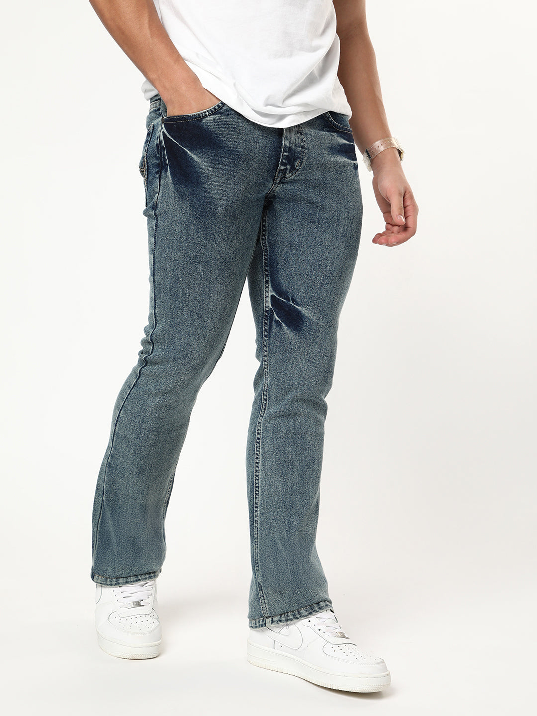 Men's Light Blue Bootcut Fit Mid Rise Acid Wash Jeans Stretchable