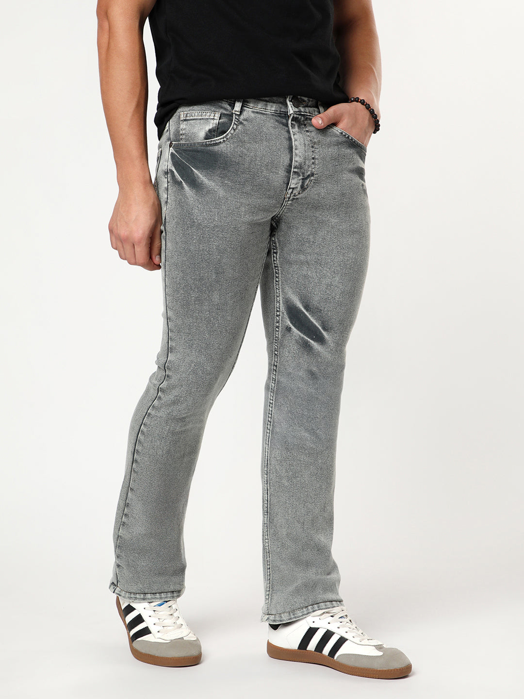 Men's Light Grey Bootcut Fit Mid Rise Acid Wash Jeans Stretchable
