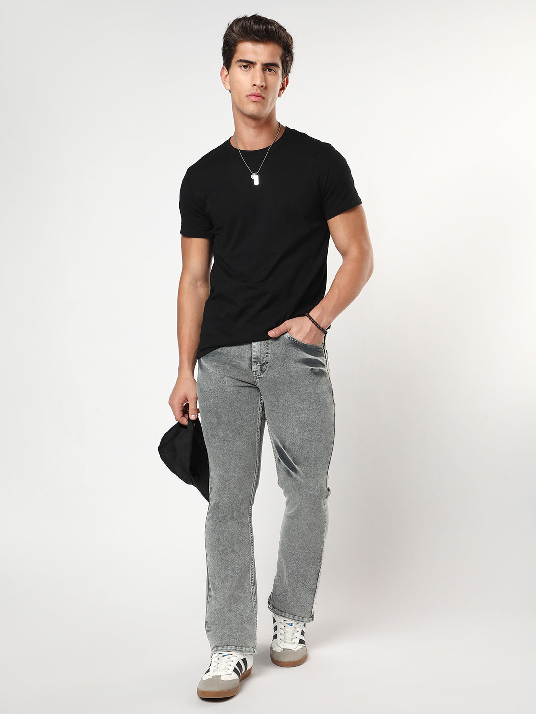 Men's Light Grey Bootcut Fit Mid Rise Acid Wash Jeans Stretchable