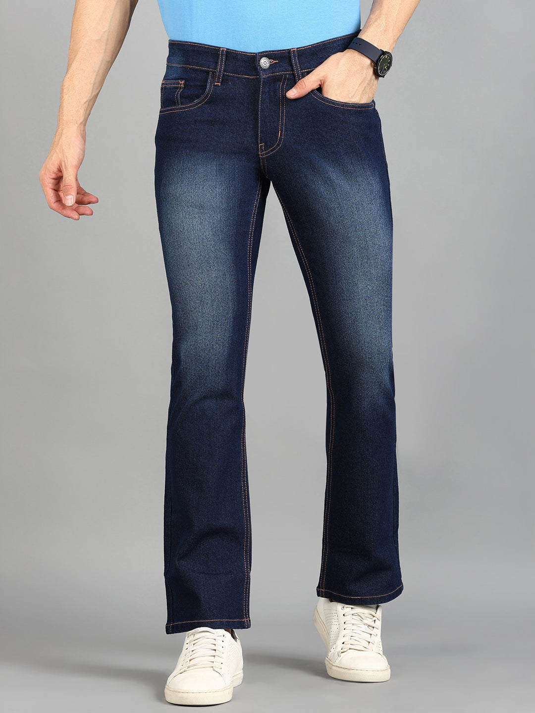 Men's Dark Blue Washed Bootcut Jeans Stretchable