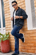Men's Dark Blue Washed Bootcut Jeans Stretchable