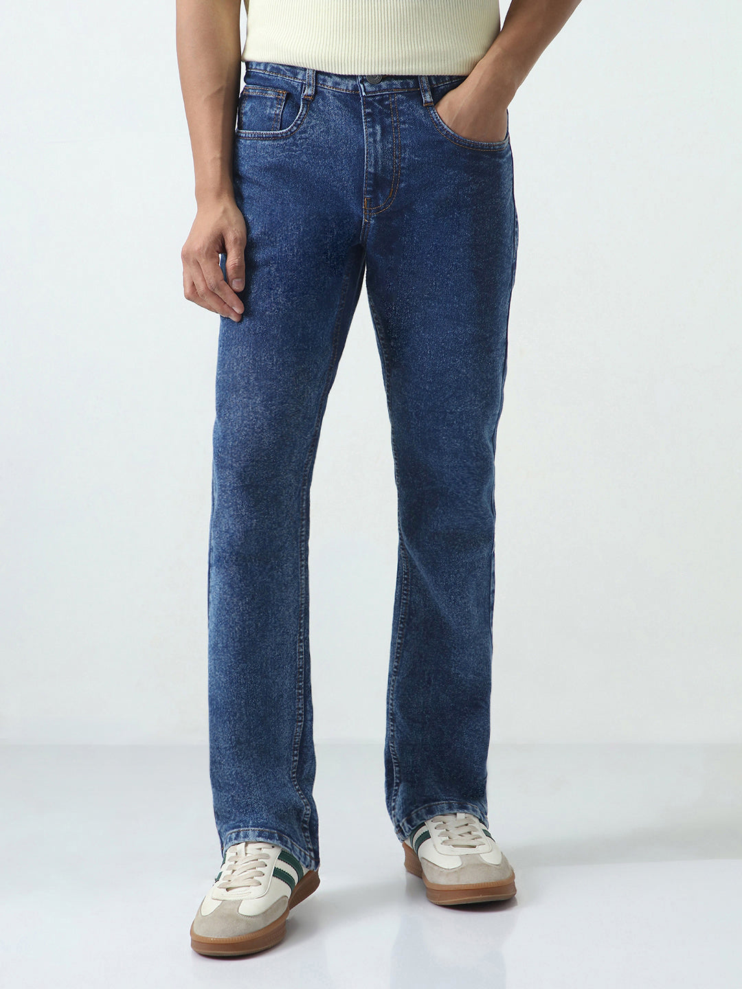 Men's Dark Blue Washed Bootcut Jeans Stretchable