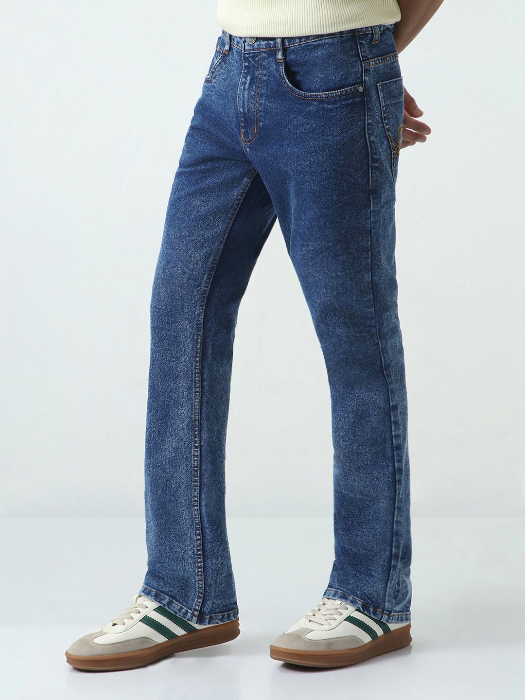 Men's Dark Blue Washed Bootcut Jeans Stretchable