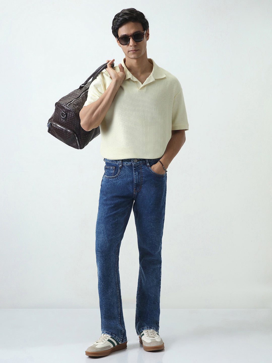 Men's Dark Blue Washed Bootcut Jeans Stretchable