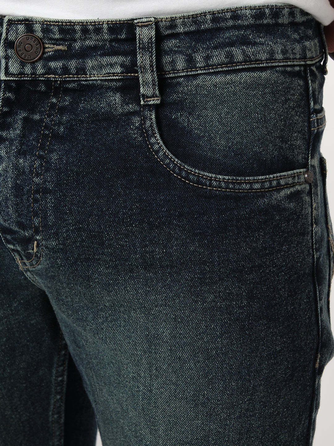 Men's Dark Blue Bootcut Fit Mid Rise Tinted Heavy Washed Jeans Stretchable